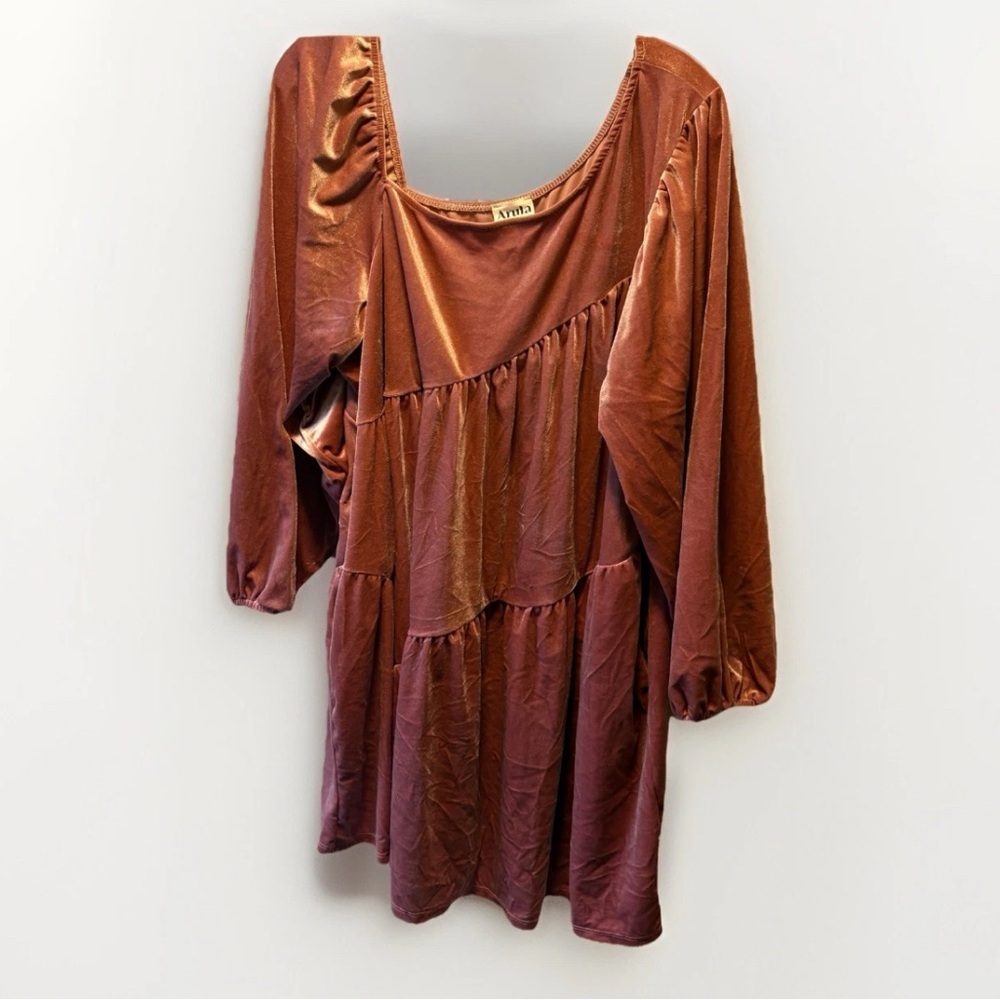 Arula Sz A XL/1X Pink Velvet Short Tiered Babydoll Dress Long Puff Sleeve Women